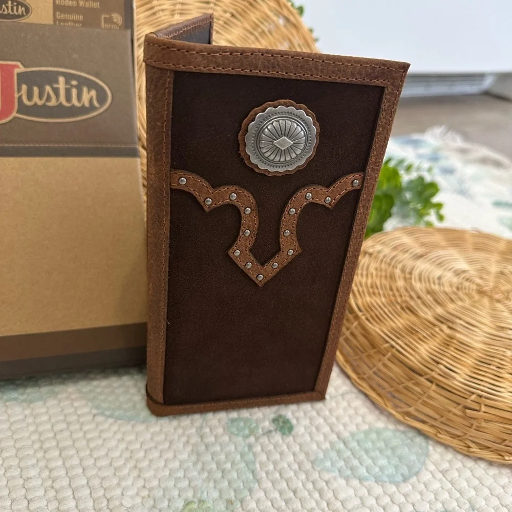 New Justin Men's Rodeo Wallet Brown Suede Genuine Leather RFID Checkbook Western